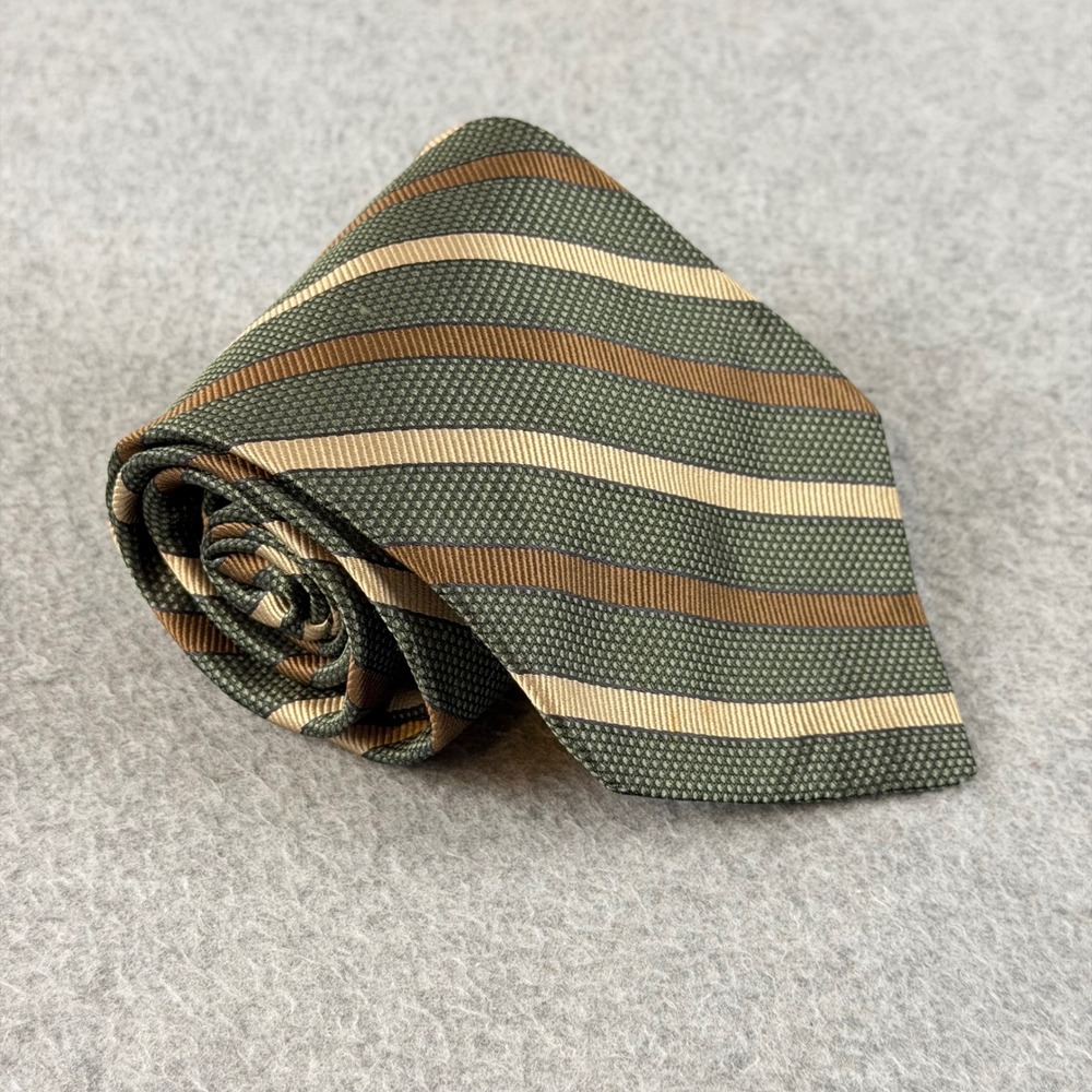 VTG Tom James Innocenti Oro Silk Tie Mens Green Brown Stripe Hand Tailor 58x3.75
